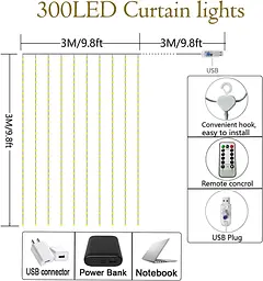 Lezonic Штора гірлянда, 3m×3m 300LED 8 режимів пульт дистанційного керування Таймер Регульована яскравість, Curtain Fairy Light - мініатюра 2