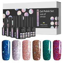 Набір "Christmas Shine" 6 шт гель-лаки для нігтів з блискітками Reglance 7.5 мл