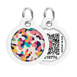 Адресник для собак і котів металевий Waudog Smart ID з QR паспортом малюнок Камо різнокольоровий коло Д 3