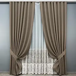 Комплект штор с тюлем VR-Textil Лен Мешковина, темно-бежевый с белым, 2 шторы 150×270 см + тюль 400×270 см, арт. 71-116/3
