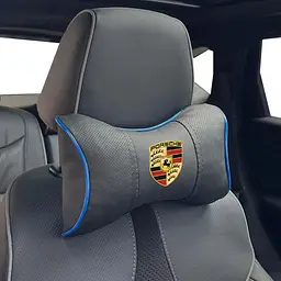 Подушка на підголівник з логотипом Porsche Екошкіра 3D Кольоровий лого Чорна-Синій кант 1 шт