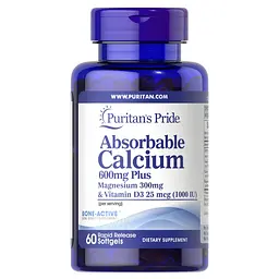 Вітаміни та мінерали Puritan's Pride Absorbable Calcium 600 мг plus Magnesium 300 мг Vitamin D 1000 UI  60 капсул