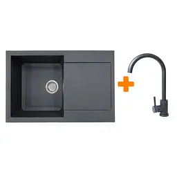 Adamant Набір кухонний Horizon, штучний камінь, прямокутний, з крилом, 780х495х230мм, чаша - 1, врізна, графіт + змішувач