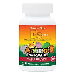 Вітамін D3 для дітей Natures Plus Animal Parade Vitamin D3 500 IU Sugar-Free, 90 жувальних таблеток без доданого цукру - Вишня