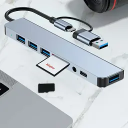 USB хаб 8 в 1 високошвидкісний концентратор Type-C Сірий  - мініатюра 4