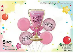 Набір фольгованих кульок "Бокал Happy Birthday" рожевий 5 шт декоративні для свят - мініатюра 2