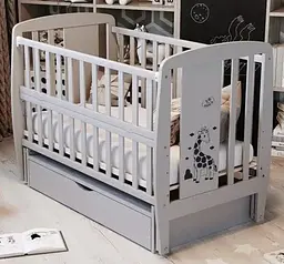 Ліжечко для новонароджених з механізмом заколисування, відкидним бортиком та ящиком "Жирафік" BabyRoom Сірий