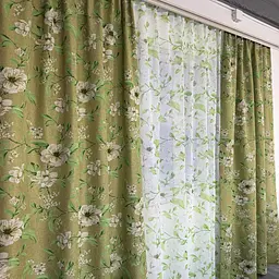 Льняні штори зеленого кольору з квітами 150х270 з тюлистом батистовим 400х270 на тасьме ALBO pbe0052610