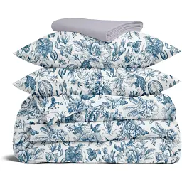 Комплект постільної білизни Cosas євро з простирадлом на резинці SWEDISH FLORAL 200 x 220 см (FlowersYardBlueWhite_El160-45Pearl_200)