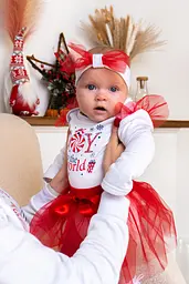 Новорічний святковий комплект для дівчинки 3 в 1 Joy to the World – боді з фатіновою спідницею та пов’язкою