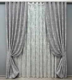 Комплект штор с тюлем VR-Textil Жаккард Мрамор, серый с белым, 2 шторы 150×270 см + тюль 500×270 см, арт. 71-001/4