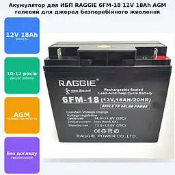 Акумуляторна батарея до ДБЖ 12В 18Ач акумулятор AGM 12v 18A RAGGiE 6FM-18 (12V,18AH/20HR) - мініатюра 2
