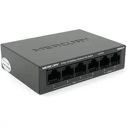 Комутатор POE Mercury MS06CP з 4 портами POE+ 2 порти UP-Link 100Мбіт, БП в комплекті, Q20