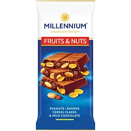 Шоколад Millennium Fruits&Nuts молочний з арахісом, родзинками, злаковими пластівцями та мигдалем 90г