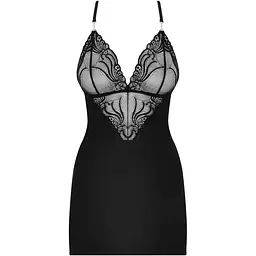 Сатиновий комплект для сну з мереживом Obsessive 828-CHE-1 chemise & Thong S/M, чорний