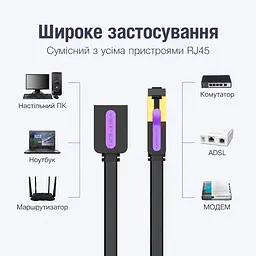 Плоский кабель-удлинитель Ethernet Vention 0,5 м сетевой патч-корд RJ45 8P8C штекер для подключения к порту и гнездо для кабеля Cat.7 10 Гбит/с для прокладки вдоль стен и в узких промежутках полоса пропускания 600 МГц чёрный (ICBBD) - миниатюра 6