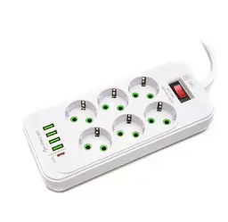 Мережевий подовжувач-фільтр PNS-03/D6 білий 3 м з LED-індикатором, 4 USB і PD Type-C