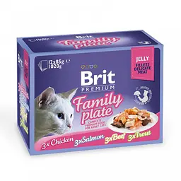 Вологий корм для кішок Brit Premium Cat Family Plate Jelly pouches 1020 г (асорти із 4 смаків сімейна)