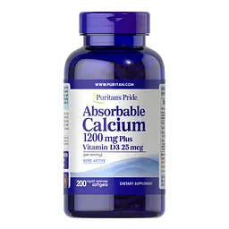 Кальцій та вітамін D3, Absorbable Calcium 1200 mg Plus Vitamin D3 25 mcg - 200 softgels