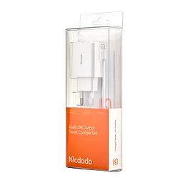 МЗП McDodo Dual USB Charger ( EU Plug ) + Lightning Cable 1m Travel Set CH-6720 White - мініатюра 2