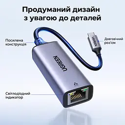 Мережевий адаптер UGREEN CM199 зовнішня мережева карта USB-C на RJ45 Ethernet 10/100/1000 Мбіт/с зі світлодіодним індикатором для Windows macOS та Linux сумісний зі Steam Deck та Nintendo Switch Lite чип AX88179B із вбудованим кабелем 0,1 м космічний сірий (50737) - мініатюра 2