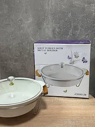 Керамічна кругла форма для запікання зі скляною кришкою та металевою підставкою сервірувальний для гарячих страв 1.4 л (3367) - мініатюра 6