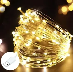 Світлодіодна гірлянда нитка 8режимів крапля роси 20 м 200led від USB від ПАВЕРБАНКА теплий White юсб