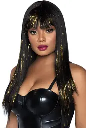 Leg Avenue-Long bang wig with tinsel Black/Gold - Чорна перука з люрексовою ниткою
