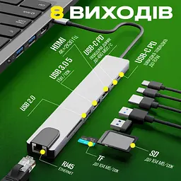 Адаптер многопортовий для ноутбуку No Brand 8в1 15.7 см Сіро-чорний (Hub-8/1) - мініатюра 3