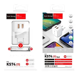 Адаптер мережевий KONI Strong Type-C Cable KS74 (T) 2 USB-виходи на 2.4A білий