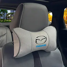 Подушка на підголівник з логотипом Mazda Екошкіра 3D Кольоровий лого Сірі-Сірий кант 1 шт