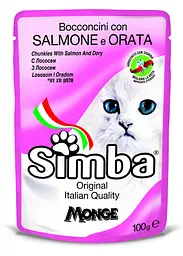 М'ясні шматочки в соусі для кішок Monge Simba Cat Wet лосось та рибної дорі (пауч) 100 гр