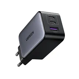 Мережевий зарядний пристрій GaN UGREEN Nexode CD244 загальна потужність до 65 Вт 2 порти USB-C та 1 USB-A для 65 Вт сірий (10335)
