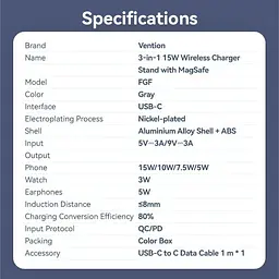 Зарядний пристрій Vention 15W 3-in-1 Magnetic Wireless Fast Charger Gray (FGFH0) - мініатюра 13