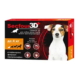 Краплі від бліх і кліщів Secfour 3D для собак до 4 кг, 0,5 мл, 2 піпетки