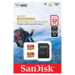 Карта пам'яті Sandisk microSDHC (UHS-1 U3) Extreme Action A1 32Gb Class 10 V30 (R100Mb/s, W60Mb/s) (adapter SD) TP (SDSQXAF-032G-GN6AT) - мініатюра 2