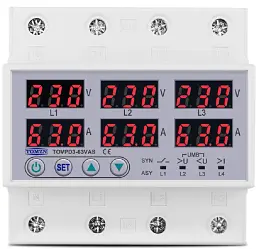 Цифрове реле контролю напруги та струму трифазне TOMZN TOVPD3-63VAS 63A 3x220V Розумний захисний автомат змінного струму (19600)