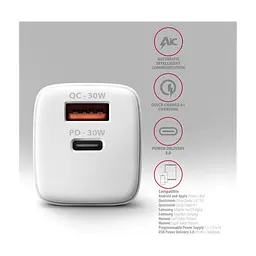 Зарядний пристрій AXAGON 1xUSB QC4.0 + 1xUSB-C PD30W PPS white (ACU-PQ30W) - мініатюра 5