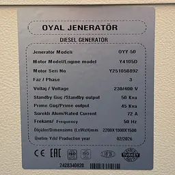 Дизельний генератор OYAL OYY-50 YANG DONG Y4105D 50KVA/40KW, Альтернатор OYL224D, AVRXS460, витрата 75% навантаження - 8,2 літрів/годину, 230/400V, 50Hz (AVR+ATS) 2300*950*1400mm, 950kg, 140L - мініатюра 3