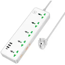 Подовжувач мережі Hoco AC13A на 5 розеток 3USB/1Type-C 10A 250V 1.5 м 2500W білий