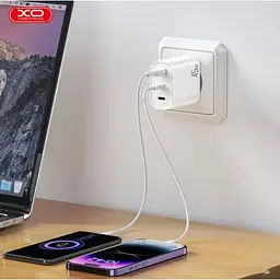 Мережевий зарядний пристрій XO L117 (EU) PD45W/QC18W (2USB-C+1USB-A) fast charging charger with Lightning cable Білий - мініатюра 3