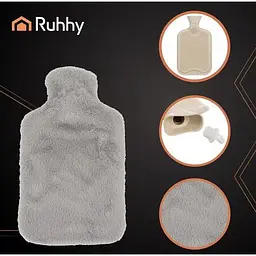 Гумова грілка з плюшевим чохлом Ruhhy 26383, 1.8 л сірий/бежевий тепло для тіла до 3 годин - мініатюра 4