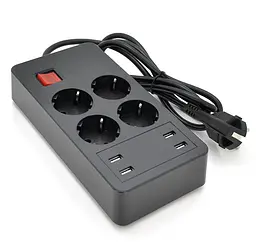 Мережевий фільтр-подовжувач Voltronic PEU4U4S, 3000 Вт, 4 розетки + 4 USB 5 В–2,4 А, кнопка з індикатором, 16 А, 4000 Вт, чорний - мініатюра 1