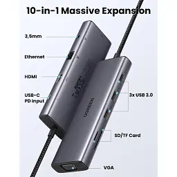 Концентратор Ugreen USB3.1 Type-C to HDMI/VGA/USB 3.0х3/RJ45/SD/TF/PD/35мм TRRS 100W 10-in-1 (15601) - мініатюра 3