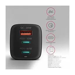 Зарядний пристрій AXAGON 1xUSB + 2xUSB-C 65W QC4+ PD3.0 PPS black (ACU-DPQ65) - мініатюра 6