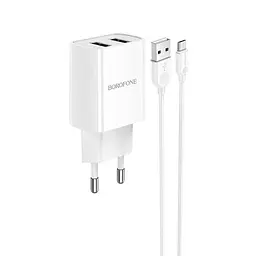 Адаптер мережевий + кабель Micro USB Borofone BA53A Powerway dual port charger set 2USB набір білий