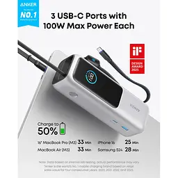 Батарея універсальна Anker 25000mAh, 165W, PD/3/0, QC/3/0, Built-In Double USB-C Cables, silver (A1695H41) - мініатюра 2