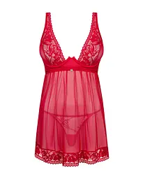 Прозора сорочка бебі-дол Obsessive Lacelove babydoll & thong XL/2XL Red, мереживо, стрінги - мініатюра 3