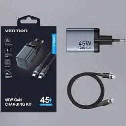 Зарядний пристрій 2xUSB-C 45W PD3.0/QC/GaN + USB-C cable М-М чорний Vention (TZ-FCDH0-EU)