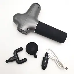 М'язовий масажер для тіла ручний акумуляторний портативний 3 насадки Fascial Gun mini сірий - мініатюра 4